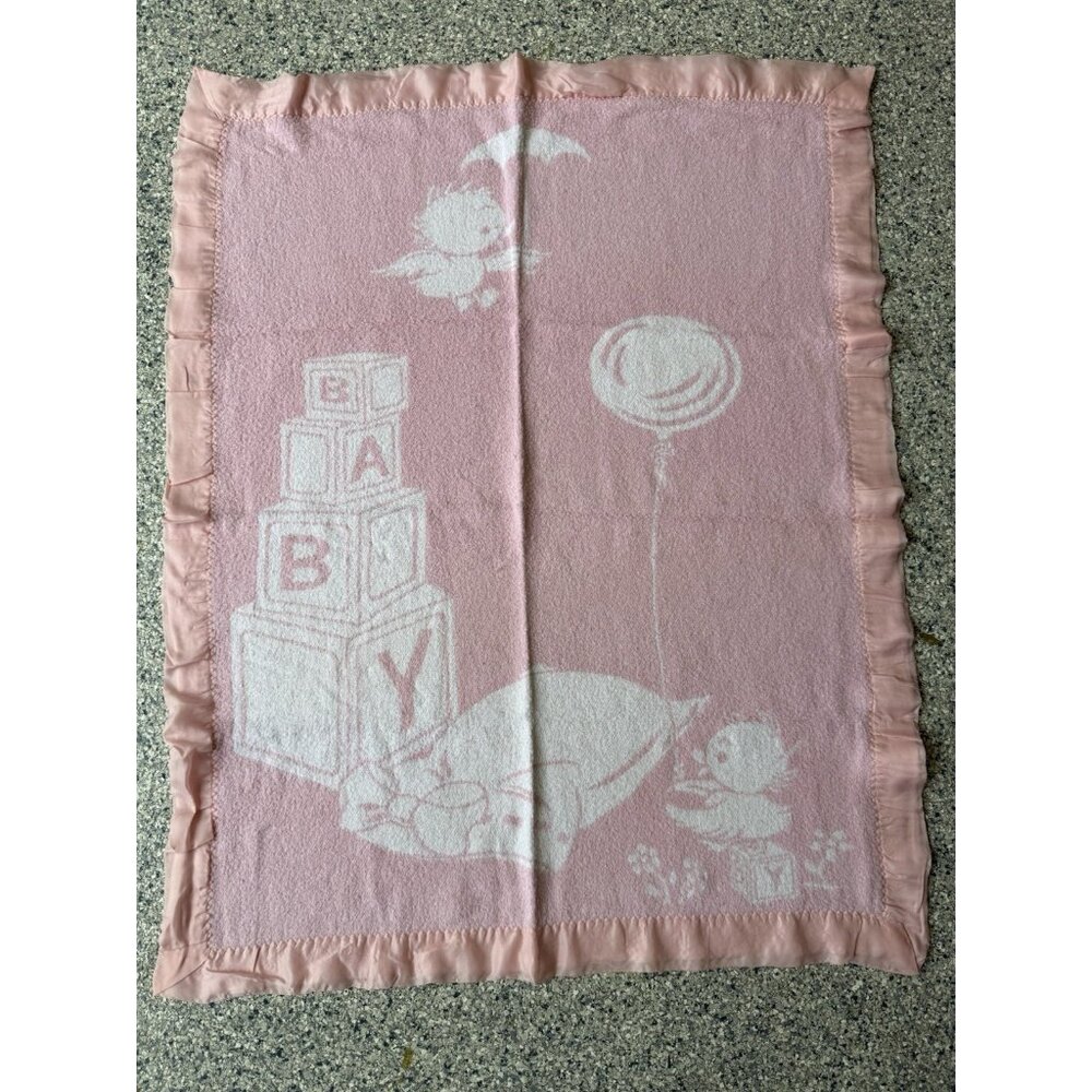 Vintage Double Sided Baby Ducks Blocks Blanket Pink White Satin Trim 70s 80s